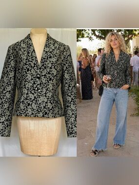 Black & Gray Floral Brocade Women's Blazer Jacket Louben II